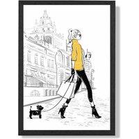 ARTZE Paris Street with Dog Style & Fashion Sketch Framed Print SIZE: A2 with Black Frame in Yellow | Size: A3