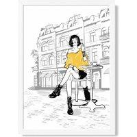 ARTZE Paris Caf with Cat Style & Fashion Sketch Framed Print SIZE: A2 with White Frame in Yellow | Size: A3