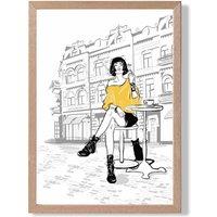 ARTZE Paris Caf with Cat Style & Fashion Sketch Framed Print SIZE: A2 with Oak Frame in Yellow | Size: A3