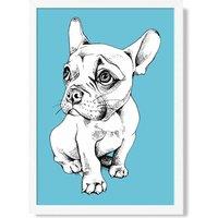 ARTZE Sketch French Bulldog on Bright Blue Framed Print SIZE: A3 with White Frame