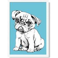 ARTZE Sketch Pug Dog on Bright Blue Framed Print SIZE: A4 with White Frame | Size: A3