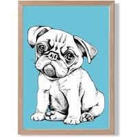 ARTZE Sketch Pug Dog on Bright Blue Framed Print SIZE: A2 with Oak Frame | Size: A3