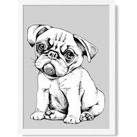ARTZE Sketch Pug Dog on Light Grey Framed Print SIZE: A2 with White Frame | Size: A3