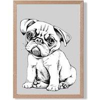 ARTZE Sketch Pug Dog on Light Grey Framed Print SIZE: A2 with Oak Frame | Size: A3