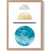 ARTZE Yellow & Aqua Circles Mid Century Geometric Framed Print SIZE: A4 with Oak Frame