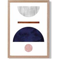 ARTZE Navy Blue & Grey Semi Circles Mid Century Geometric Framed Print SIZE: A4 with Oak Frame | Size: A3