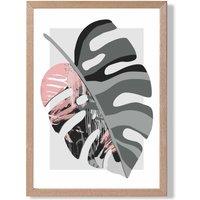 ARTZE Monstera Grey & Pink Boho Botanical Framed Print SIZE: A4 with Oak Frame | Size: A3