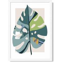 ARTZE Monstera Leaf Teal & Green Mid Century Modern Framed Print SIZE: A3 with White Frame