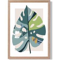 ARTZE Monstera Leaf Teal & Green Mid Century Modern Framed Print SIZE: A3 with Oak Frame