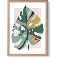 ARTZE Monstera Leaf Green & Red Minamilist Framed Print SIZE: A4 with Oak Frame | Size: A3
