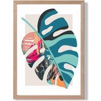 ARTZE Monstera Blue & Pink Boho Botanical Framed Print SIZE: A4 with Oak Frame in Mid Blue | Size: A3