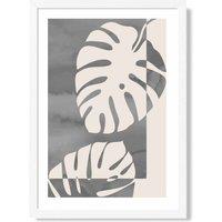 ARTZE Grey Monstera Mid Century Tropical Framed Print SIZE: A3 with White Frame in Mid Grey