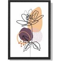 ARTZE Peony Floral Line Art with Boho Purple & Orange Shapes Framed Print SIZE: A3 with Black Frame in Mid Blue | Size: A4