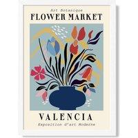 ARTZE Valencia Blue & Pink Flower Market Exhibition Framed Print SIZE: A2 with White Frame in Mid Blue | Size: A3