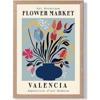 ARTZE Valencia Blue & Pink Flower Market Exhibition Framed Print SIZE: A3 with Oak Frame in Mid Blue