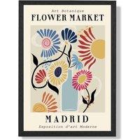ARTZE Madrid Blue & Pink Flower Market Exhibition Framed Print SIZE: A3 with Black Frame in Mid Blue | Size: A4