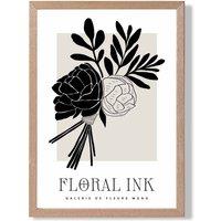 ARTZE Black & Beige Closed Peonies Floral Ink Sketch Framed Print SIZE: A2 with Oak Frame | Size: A3