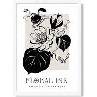 ARTZE Tropical Flowers in Black & Beige Floral Ink Sketch Framed Print SIZE: A2 with White Frame | Size: A4