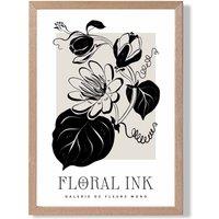ARTZE Tropical Flowers in Black & Beige Floral Ink Sketch Framed Print SIZE: A2 with Oak Frame | Size: A3