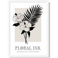 ARTZE Hibiscus Flowers in Black & Beige Floral Ink Sketch Framed Print SIZE: A2 with White Frame | Size: A4