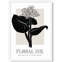 ARTZE Lotus Flower in Black & Beige Floral Ink Sketch Framed Print SIZE: A4 with White Frame