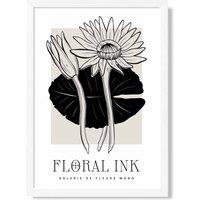 ARTZE Water Lillies in Black & Beige Floral Ink Sketch Framed Print SIZE: A3 with White Frame
