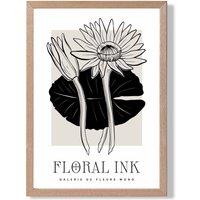 ARTZE Water Lillies in Black & Beige Floral Ink Sketch Framed Print SIZE: A2 with Oak Frame | Size: A3