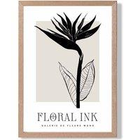 ARTZE Bird of Paradise Flower Floral Ink Sketch Framed Print SIZE: A3 with Oak Frame in Beige