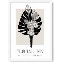 ARTZE Tropical Bouquet in Black & Beige Floral Ink Sketch Framed Print SIZE: A2 with White Frame | Size: A3
