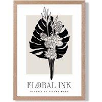 ARTZE Tropical Bouquet in Black & Beige Floral Ink Sketch Framed Print SIZE: A3 with Oak Frame