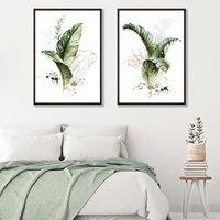ARTZE Abstract Green Botanical Leaves Set of 2 Art Prints in Black Frames in Bottle Green | Size: W50 cm x H70 cm
