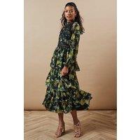 Oasis Women's Petite Occasion Floral Lace Trim Dobby Chiffon Tiered Midaxi Dress in Black | Size: 8