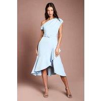 Coast Women's Petite Drape Shoulder Frill Detail Crepe Midi Dress in Light Blue | Size: 8
