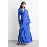 Warehouse Women's Long Sleeve Cowl Neck Ruffle Detail Maxi Dress in Blue | Size: 12