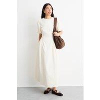 Warehouse Women's Textured Godet Side Puff Sleeve Midi Dress in Cream | Size: 10
