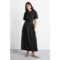 Warehouse Women's Textured Godet Side Puff Sleeve Midi Dress in Black | Size: 14