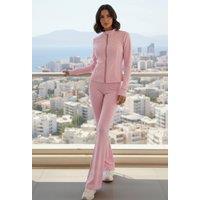 Femme Luxe Women's Zip Up Long Sleeve Lined Top with Flare Trouser Set in Light Pink | Size: 10-12