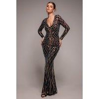 Goddiva Women's Geo Sequin Long Sleeve Maxi Dress in Black | Size: 8