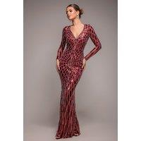 Goddiva Women's Geo Sequin Long Sleeve Maxi Dress in Wine | Size: 8