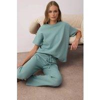 WOVCOR Women's 2-Piece Waffle Textured Knit Pajama Set with Waist Tie Detail in Aqua | Size: Large