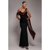 Goddiva Women's Foil Chiffon Cowl One Shoulder Cape Maxi Dress in Black | Size: 14