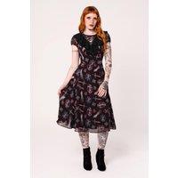 Hell Bunny Women's Clarimond Black Chiffon Medieval Print Maxi Dress Lace-Up Puff Sleeves | Size: 3XL