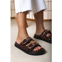 Where's That From Women's Ceylon Diamante Stud Double Buckle Dark Brown Suede Slide On Sandal | Size: 7