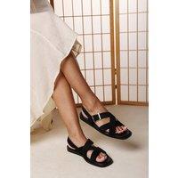 Where's That From Women's Capri Cross Over Open Toe Suede Sandal in Black | Size: 4