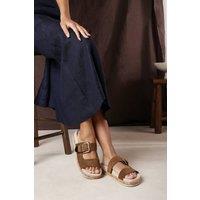 Where's That From Women's Avenue Buckle Footbed Suede Sandal in Khaki | Size: 6