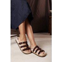 Where's That From Women's Bambi Multi Strap Footbed Suede Sandal in Dark Brown | Size: 7