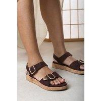 Where's That From Women's Iridia Double Buckle Dark Brown Suede Low Wedge Sandal | Size: 8
