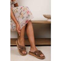 Where's That From Women's Iridia Double Buckle Suede Low Wedge Sandal in Camel | Size: 4