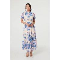 Izabel London Women's Floral Lace Trim High Neck Maxi Dress in Blue | Size: 10