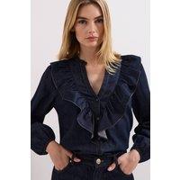 Phase Eight Women's Alexia Denim Ruffle V-Neck Blouse in Dark Indigo | Size: 14